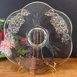 Vintage Footed Glass Serving Plate Sterling Silver Overlay Floral Etched Clear G